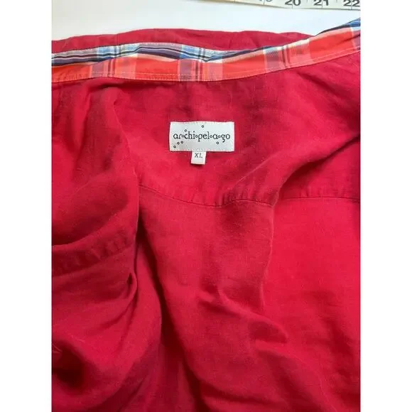 Archipelago Size L Red Linen Button Up Casual Summer Beach Shirt Plaid Collar - Picture 4 of 12